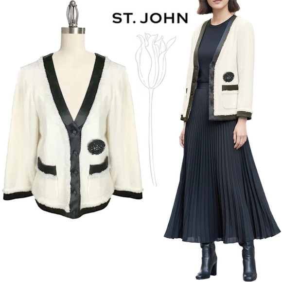 St John White and Black Trim Embellished Knit Sweater Jacket Cardigan